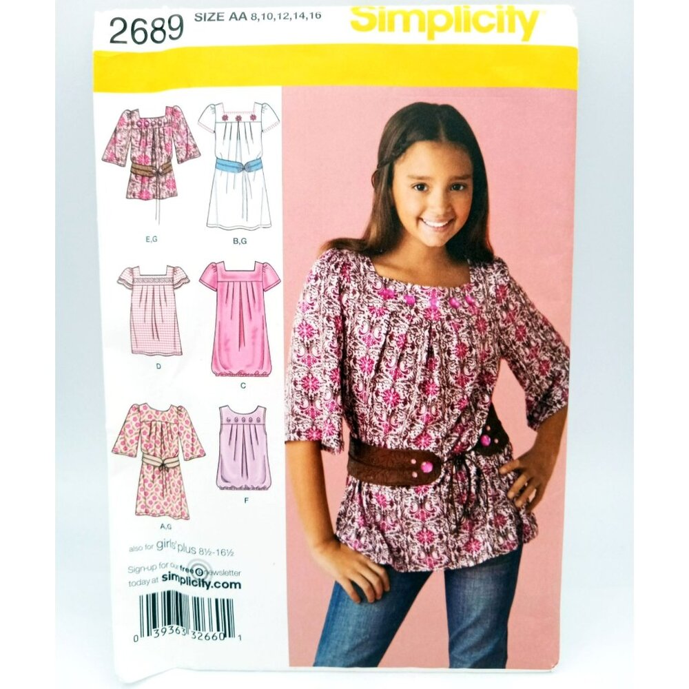 Simplicity Pattern 2689 Girls Clothes Plus Size AA 8-16 Dress Tunic Belt Uncut